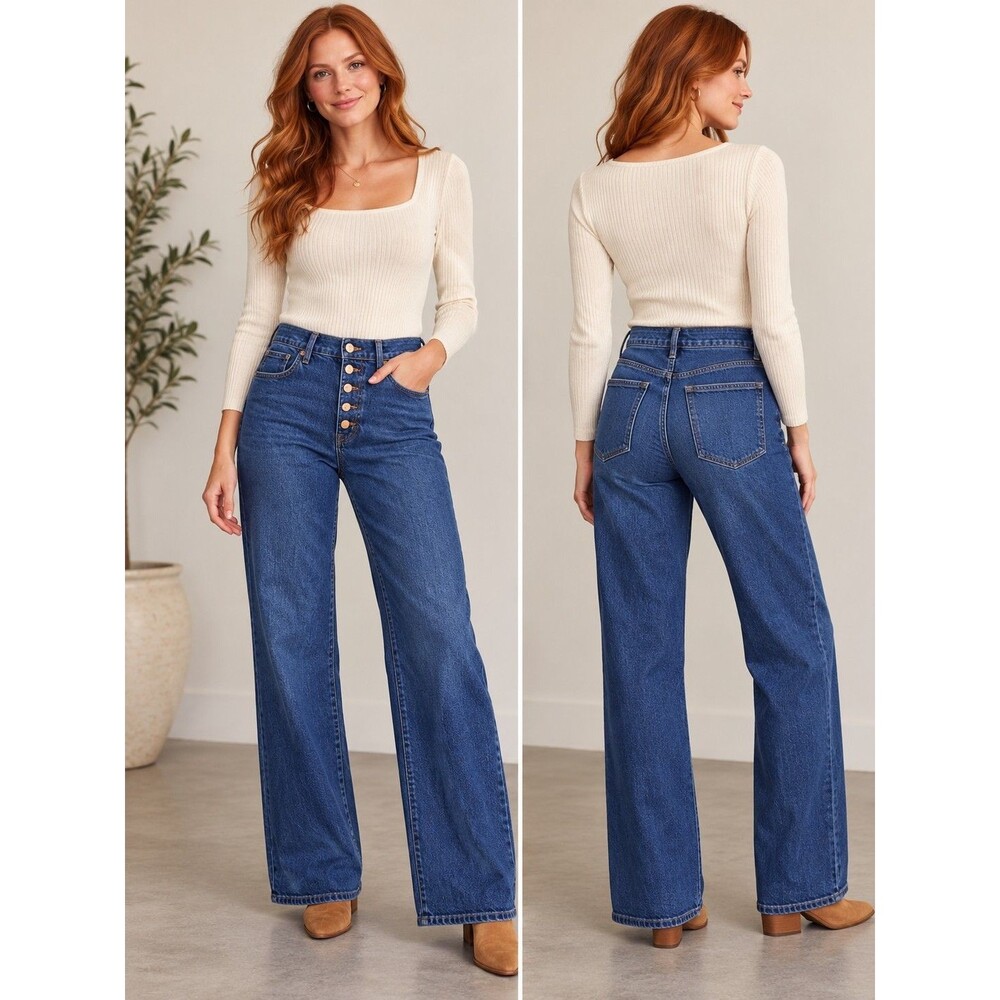 Wide Leg Full Length Dark Wash Button Fly Jeans Women’s 29 J.Crew Casual